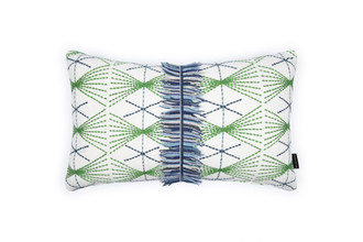 Green & Blue Mikado matchstick style embroidered cushion with blue trail jute fringe down the centre.