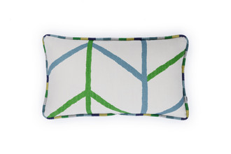 Front view of One Way / Small Way cushion in Green and Blue, featuring bold geometric One Way pattern on white linen with hand-painted details.
