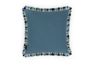 Back view of Travelling Light Teal cushion featuring vibrant teal woven Nola fabric, finished with green Jamboree fringe trim.