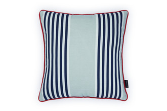 Front view of The Hudson Stripe Outdoor Cushion featuring a bold stripe design in Azzurro blue, white and red piping offering a contrast for a modern yet timeless look for outdoor spaces.