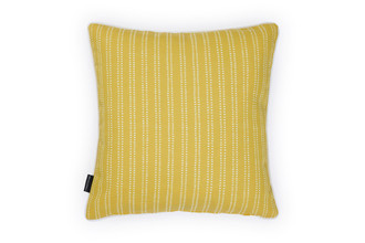 Back view of The Hudson Stripe Outdoor Cushion featuring a intricate, dashed stripe design in Limone yellow and white, offering a modern yet timeless look for outdoor spaces.