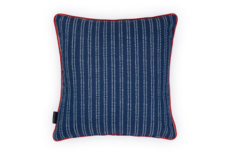 Back view of The Hudson Stripe Outdoor Cushion featuring a intricate, dashed stripe design in Azzurro blue, and white, with red piping offering a contrast for a modern yet timeless look for outdoor spaces.