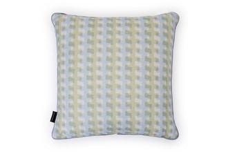 Back view of Ozone and Cremaillere Outdoor Cushion featuring a repetitive geometric design in Turchese, blues, greens and white, offering a modern yet timeless look for outdoor spaces.