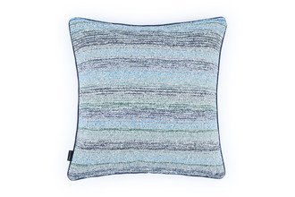 Outdoor Calvari Striped Cushion Azzurro navy blue and cream hues with Vertelli Azzurro Navy blue trim back cushion in Arta Azzurro Fabric.