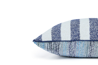 Outdoor Calvari Striped Cushion Azzurro navy blue and cream hues with Vertelli Azzurro Navy blue trim side of cushion showing back which is in Arta Azzurro Fabric.