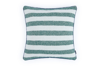 Outdoor Calvari Striped Cushion Verde green and cream hues with Vertelli Azzurro Navy blue trim front cushion.