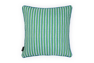 Peace and Love Prato Green and Blue Stripe Outdoor Cushion featuring a bold striped design in green and blue, with piped edges, designed by Kit Kemp.