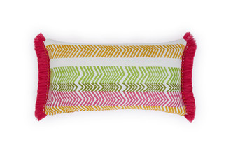 Back View of Bookend Hula Fringe Outdoor Cushion featuring a repetitive striped design in pink and yellow colours with pink Hula fringed side edges.