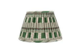 Front view of the 14” Lost and Found Green Lampshade with pleated gree, natural and pink woven fabric, natural linen lining. Handcrafted in London using Kit Kemp’s vibrant Lost and Found Weave.