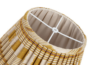 Top view of the 14” Lost and Found Lemon Lampshade with pleated yellow and natural woven fabric, natural linen lining. Handcrafted in London using Kit Kemp’s vibrant Lost and Found Weave. US Top Finial Fitting.