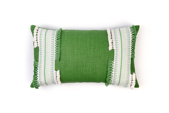Pom Parade Cushion in Green – front view showing Soprano Green linen with striped Pom Parade trim on left and right edges in white and green.
