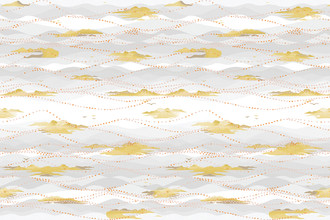 Island Atmosphere vinyl wallpaper in mimosa yellow, showcasing a lively landscape of mountains, sea, sky, and birds. A vibrant contract wallcovering by Christopher Farr Cloth, perfect for uplifting interiors with pattern and colour.