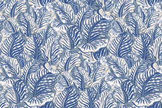 Mille Feuilles vinyl wallpaper in ultramarine blue with bold leaf motif, durable contract wallpaper for high-traffic areas adding vibrant colour and practical pattern by Christopher Farr Cloth.