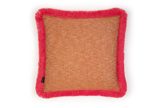 Back view of the Peace & Love Terracotta cushion, featuring a solid terracotta Frieda fabric with a soft, textured finish and contrast fuchsia fringe.