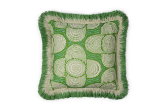 Front view of Azteque cushion in green with ombré green linen fringe trim, featuring a fun abstract floral dotted pattern printed on a linen base cloth.