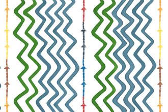 Rick Rack vinyl wallpaper in Fern, with green and blue zigzag pattern over white background. Playful printed design, suitable for durable contract use.
