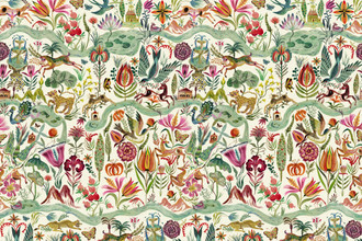 River of Joy Wallpaper by Olaf Hajek for Christopher Farr Cloth. A Whimsical Landscape and Forna Design that brings story telling to your interiors. Fuchsia.