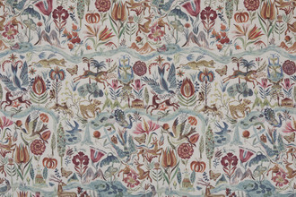 River of Joy linen fabric in berry and earthy tones – Olaf Hajek hand-painted animals, florals and nature design for Christopher Farr Cloth.
