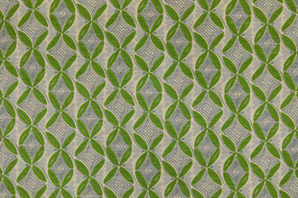 Small-scale geometric and circular hand-drawn print on linen fabric – Olaf Hajek design for Christopher Farr Cloth, green blue colourway.