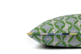 Dancing Vines geometric floral cushion in green with blue and green stripe trim