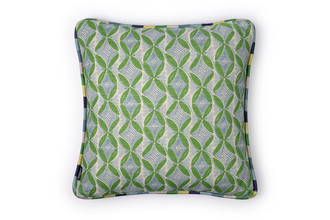 Dancing Vines geometric floral cushion in green with blue and green stripe trim