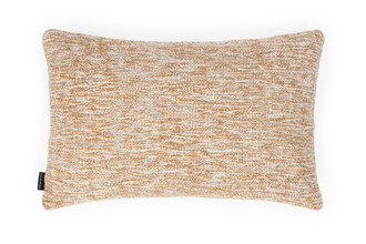 Neutral two-fabric cushion in camel and ecru alpaca weave, finished with a centred horizontal strip of Bianco Chichi fringe trim for textured, decorative detail.