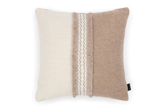 Alpaca Rose and Dune Ecru square cushion with split-colour design, finished with a strip of Trapeze Natural trim for refined decorative