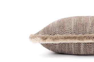 Side detail, Lomi Chichi cushion 45x45cm in latte with contrasting Chichi fringe trim, neutral textured cushion