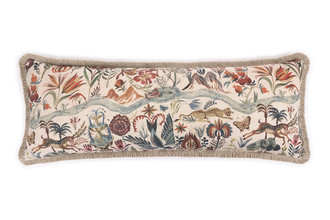 River of Joy bolster cushion, Olaf Hajek’s hand-drawn design, berry & terracotta tones, Chichi Latte fringe trim by Christopher Farr Cloth, perfect for styling interiors.