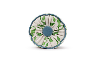 Side view Puzzle green round bolster cushion 65x20cm with Reef Green button and piping ex-display Peter Mikic showroom
