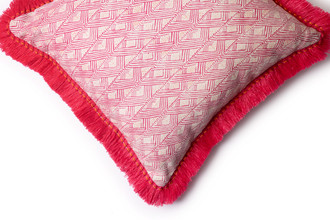 Side detail - Belge hot pink cushion with Hula fringe border trim ex-display Peter Mikic King’s Road showroom