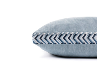 Side view of Maroma box cushion 45x45cm in turchese with Xela chevron border trim in durable outdoor fabric