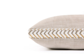 Side view of, Maroma box cushion 45x45cm in latte with neutral tones and Xela chevron trim for outdoor use