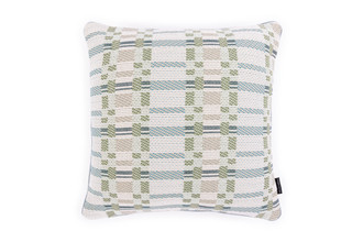 Portico cushion 45x45cm in kiwi with soft blue and green tones and Vertelli trim for outdoor use