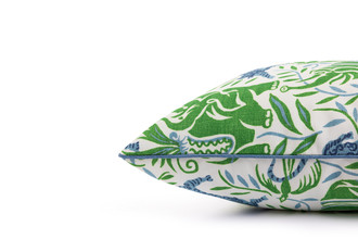 Side detail, La Jungle cushion 45x45cm in prato with green and blue tones and tailored piping trim