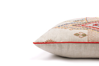 Travelling Light embroidered cushion terracotta by Alice Kettle with natural linen back and red piping Edition 1