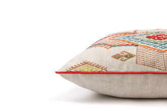 Travelling Light embroidered cushion terracotta by Alice Kettle with Bruges linen back and rosso piping Edition 2 side detail