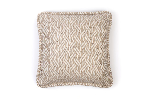 Front View of Woven ‘Tangle’ cushion in natural tones with a luxurious textured finish and self-piped edge. Belgian-made and fabric designed by And Objects. Each cushion is unique.