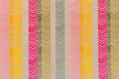 Bookend Embroidered Fabric by Kit Kemp on a natural linen base, featuring vibrant multi-coloured arrow embroidery in hot pink, yellow, orange, and light blue, creating a lively, textured design.
