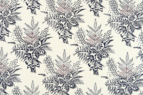 Barron Larcher Bouquet floral printed linen fabric in dark indigo blue and white, featuring orange dots in a repeated pattern, designed for Christopher Farr Cloth.