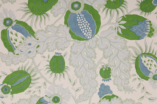 Christopher Farr Cloth Carnival Indoor Printed Wallpaper Grass. A detailed botanical illustration featuring large stylised flowers in shades of green and blue, with intricate leaves and stems on a light background.