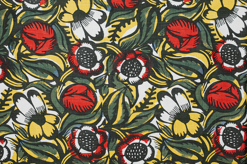 La Forêt Printed Fabric in Berry—bold abstract florals in red, yellow, and olive green, bringing warmth and vintage character to any interior.