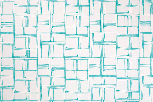 Aquamarine – Organic geometric grid of aquamarine hand-drawn squares and rectangles on natural linen ground, with a cobblestone sketch effect.