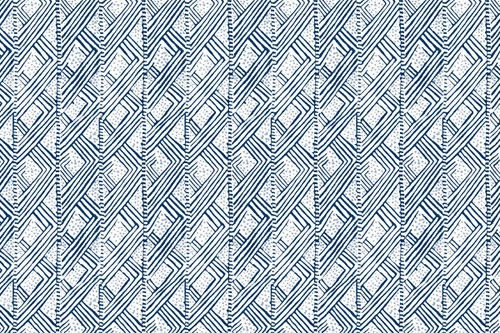 Belge printed wallpaper by Barron & Larcher for Christopher Farr Cloth – Lapis blue colour-way featuring blue and white tones with a geometric dots and lines pattern.