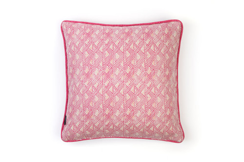 Back view showing Barron and Larcher’s ‘Belge’ geometric fabric, 50x50cm pink cushion.
