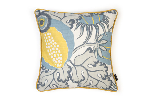 Carnival Cushion in Old Blue – featuring Michael Szell’s pomegranate print in blue, yellow, and grey on natural linen, 50x50cm.