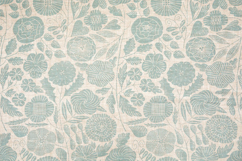 Eden Printed Fabric in Aqua, featuring delicate botanical patterns in soft aqua hues over natural linen, offering a fresh and calming aesthetic perfect for contemporary spaces.