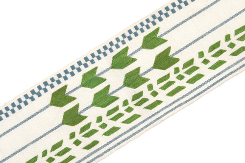 Geometric shapes in green with blue stripes going vertically and check at one side.