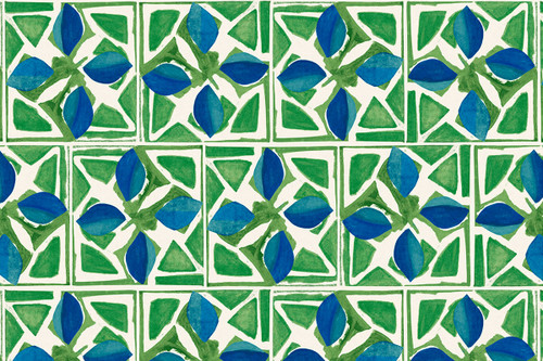 Fresh green wallpaper with blue accents, structured four-leaf motifs and expressive brushwork, echoing the natural inspiration of Sandra Blow’s designs.