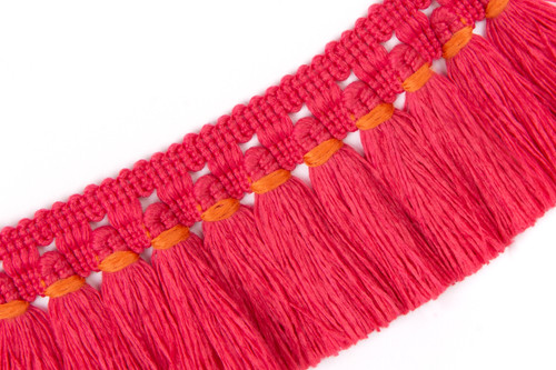 Vibrant pink Hula Fringe Performance Trim with contrasting orange accents, showcasing a lively and bold design.